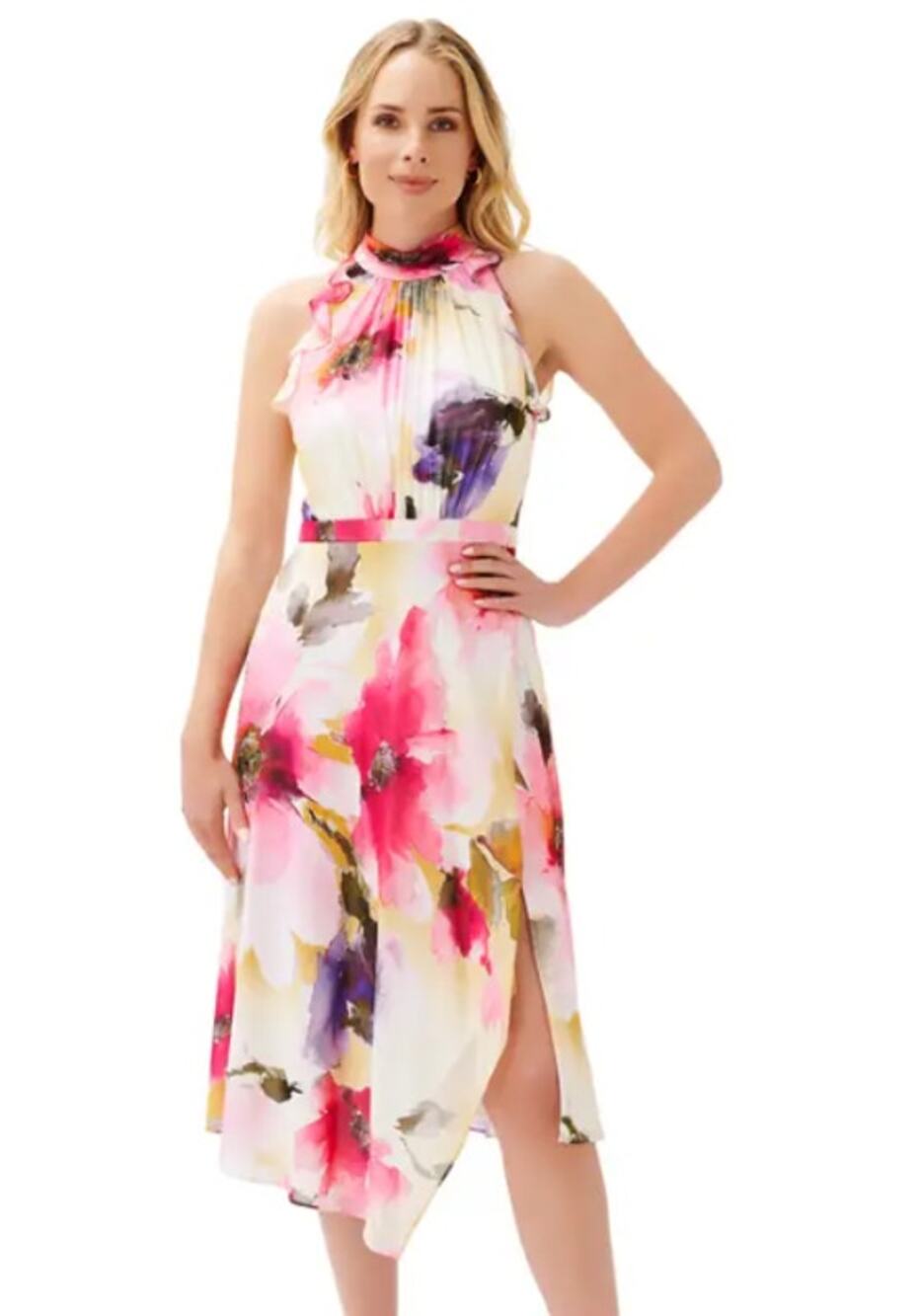 Adrianna Papell Printed Chiffon Halter Dress Floral Ruffle Sleeveless Midi Pink